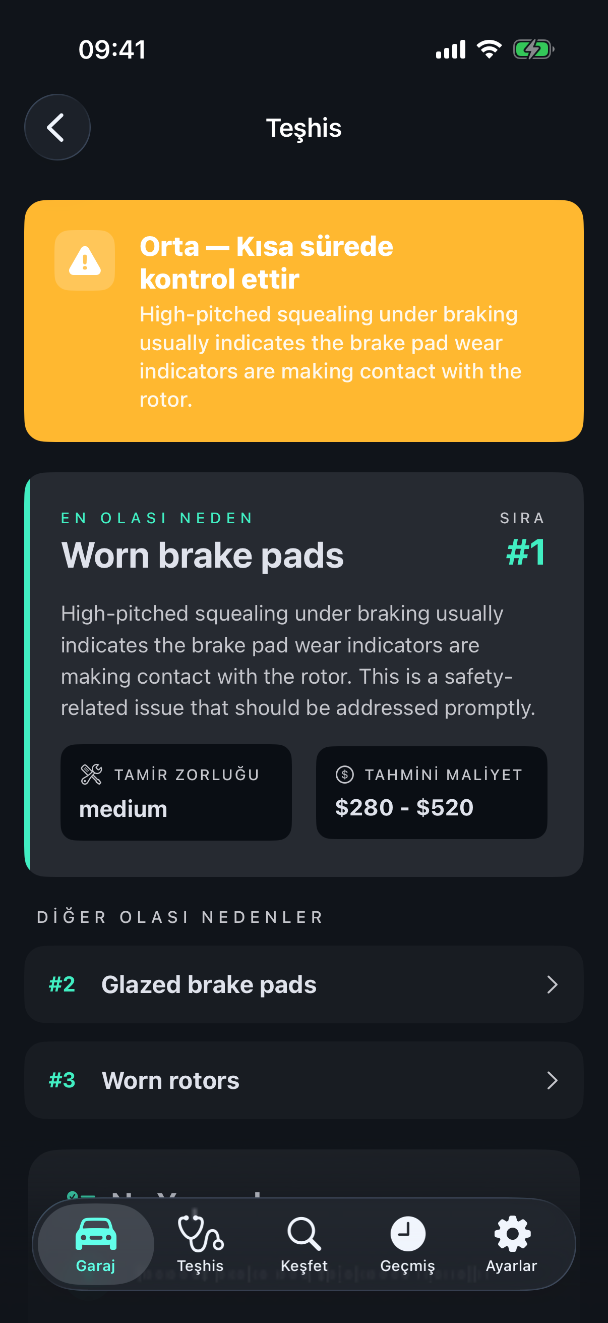 Diagnosis result screen